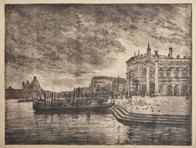 Kuninkaanlinna ja Salute-basilika (etsaus ja akvatinta valkoiselle paperille) tekijältä Giuseppe Miti Zanetti