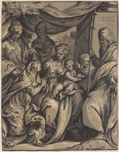 Neitsyt ja lapsi pyhien kanssa tekijältä Giuseppe Nicolo Vicentino, after Camillo Boccaccino