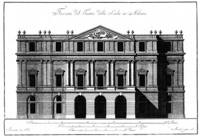 Giuseppe Piermarinin (1734-1808) toteuttama piirros Milanon Teatro alla Scalan (Theatre de la Scala) julkisivun ulkoarkkitehtuurista. tekijältä Giuseppe Piermarini