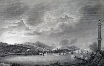 Englantilainen laivasto pommittaa Genovaa, 25. toukokuuta 1800, Giuseppe Pietro Bagetin (1764-1831) piirroksesta tehty teräskaiverrus, Pariisi tekijältä Giuseppe Pietro Bagetti