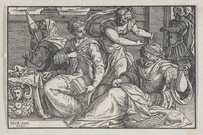 Lucretia opettaa tyttäriään käsityössä, 1557. tekijältä Giuseppe Porta