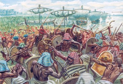 Muinainen Egypti: Delta-joen taistelu oli Egyptin ja merikansojen välinen meritaistelu noin vuonna 1175 eaa., jolloin Egyptin faarao Ramesses III torjui suuren merihyökkäyksen - Kuvitus: Giuseppe Rava tekijältä Giuseppe Rava