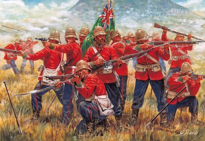 Anglo-Zulun sota: Britannian valtakunnan sotilaita Isandhlwanan (Isandlwana tai Isandula) taistelussa Etelä-Afrikassa 22.1.1879 - Anglo-Zulun sota: Britannian valtakunnan sotilaita Isandlwanan taistelussa 22.1.1879 - Kuvitus: Giuseppe Rava tekijältä Giuseppe Rava