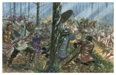 Bagaudae-joukkojen väijytys roomalaista legioonaa vastaan Galliassa tekijältä Giuseppe Rava
