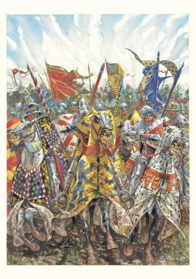 Ranskalaisten ritarien hyökkäys Azincourtin taistelussa (25. lokakuuta 1415). tekijältä Giuseppe Rava