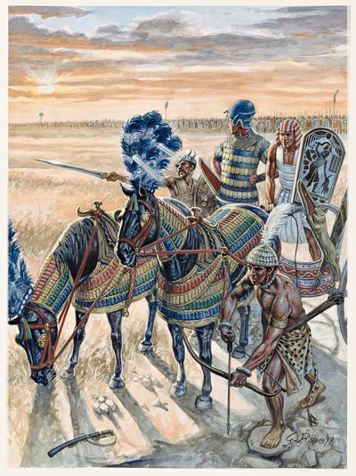 Egyptiläinen antiikki: farao Ramses II:n (1304-1213 eKr.) ja hänen armeijansa kuva - Farao Ramses II (1303 eKr.-1213 eKr.) ja hänen armeijansa muinaisessa Egyptissä - Kuvitus: Giuseppe Rava tekijältä Giuseppe Rava