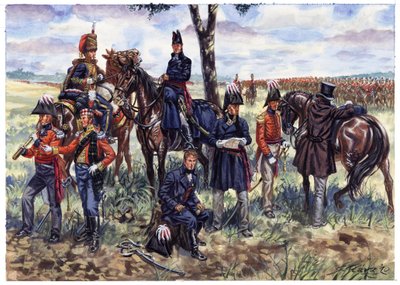 First Empire: Wellingtonin herttuan esikunta Waterloon taistelussa 18. kesäkuuta 1815 - Kuvitus Giuseppe Rava tekijältä Giuseppe Rava