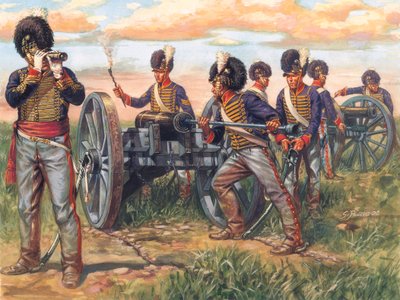First Empire: Ensimmäinen imperiumi: Englantilaisen tykistön sotilaat lataavat tykkiä Waterloon taistelussa vuonna 1815 - Ensimmäinen imperiumi: Englantilaisen armeijan sotilaat lataavat tykkiä Waterloon taistelussa vuonna 1815 - Kuvitus: Giuseppe Rava tekijältä Giuseppe Rava