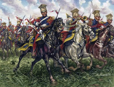 Ensimmäinen keisarikunta: Keisarillisen kaartin punaiset lanssijat eli keisarillisen kaartin hevosrykmentti Waterloon taistelussa 18.6.1815 - Ensimmäinen keisarikunta: Keisarillisen kaartin 2. kevyen ratsuväen rykmentti (punaiset lanssijat eli Red Lancers) tekijältä Giuseppe Rava