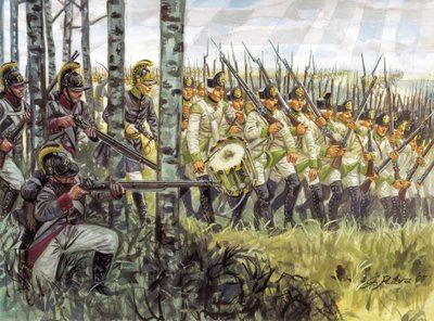 Ensimmäinen keisarikunta: Itävallan jalkaväen sotilaita etenemässä noin 1798 - 1805 - Ensimmäinen keisarikunta: Itävallan jalkaväen sotilaita marssimassa tekijältä Giuseppe Rava