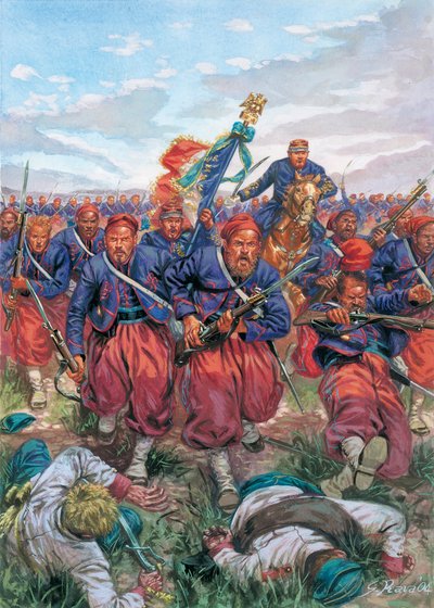 Italian vuoden 1859 kampanja (Italian toinen itsenäisyyssota): Napoleon III:n Ranskan armeijan Zouaves-joukkojen hyökkäys Solferinon taistelussa 24.6.1859 - Italian toinen itsenäisyyssota (Ranskan ja Itävallan sota, Itävallan ja Sardinian sota, Itävallan j tekijältä Giuseppe Rava