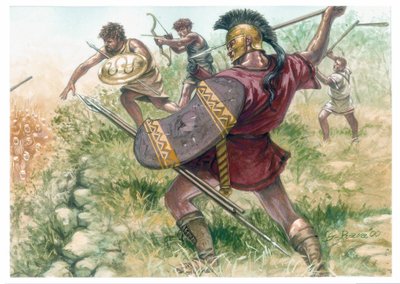 Makedonian kuningaskunta: kevyen jalkaväen sotilaita - Makedonia (antiikin kuningaskunta): kevyen jalkaväen sotilaita - Kuvitus: Giuseppe Rava tekijältä Giuseppe Rava