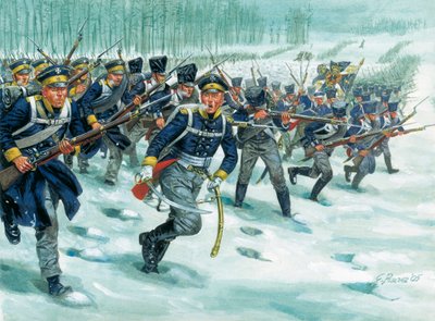 Preussin jalkaväen Landwehr (tai Landeswehr) lumella tekijältä Giuseppe Rava