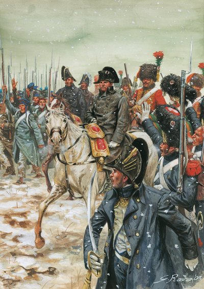 Kauan eläköön keisari! Keisari Napoleon I (1769-1821) hevonen ympäröi armeijaansa Ranskan sotaretkellä tammikuussa 1814" - Kuudennen koalition sota, taistelut Ranskassa, keisari Napoleon I armeijansa ympäröimänä Ranskan sotaretkellä - Kuvitus: G tekijältä Giuseppe Rava