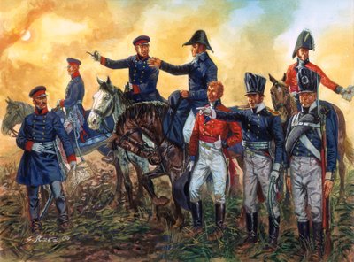 Napoleonin sota: Arthur Wellesley, Wellingtonin herttua (1769-1852) brittiläisten joukkojen komentajana ja Gebhard Leberecht von Blucher (1742-1819) Preussin armeijan komentajana Waterloon taistelussa 18.6.1815 - (Napoleonin sodat: komentajat Duke of Welli tekijältä Giuseppe Rava
