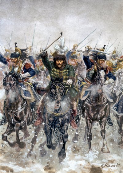 Preussin ja Puolan kampanja: Joachim Murat (1767-1815) ratsuväen kärjessä Eylaun taistelussa 8. helmikuuta. tekijältä Giuseppe Rava