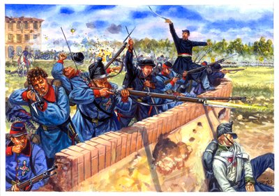 Risorgimento, Italian ensimmäinen itsenäisyyssota, italialaiset opiskelijat Curtatonen ja Montanaran taistelun aikana 29.5.1848 - Italian ensimmäinen itsenäisyyssota, italialaiset opiskelijat Curtatonen ja Montanaran taistelun aikana 29.5.1848 - Kuvitus b tekijältä Giuseppe Rava