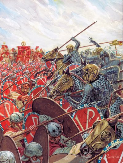 Roman Antiquite: Konstantinuksen ja Maxentiuksen välinen Milvian sillan taistelu 28.10.312 lähellä Roomaa, Italia - Taistelu Milvian sillalla Rooman keisarien Konstantinuksen I ja Maxentiuksen välillä 28. lokakuuta 312 lähellä Roomaa - Kuvitus: Giuseppe Ra tekijältä Giuseppe Rava