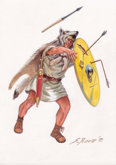 Roman antiquite (Tasavalta): Velite (köyhien vuosisatojen kevyt jalkaväkimies) Rooman armeijasta - Velite roomalaisesta tasavallasta - Kuvitus: Giuseppe Rava tekijältä Giuseppe Rava