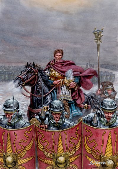 Roman antiquite: Roomalainen armeija lähellä Hadrianuksen muuria Skotlannissa, 2. vuosisata jKr. - Kuvitus: Giuseppe Rava tekijältä Giuseppe Rava
