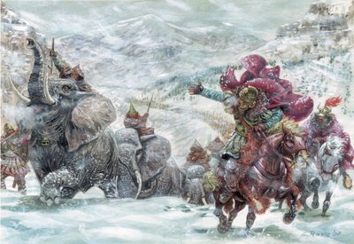 Roman antiquite: Hannibalin norsut Alppien ylityksen aikana - kuva norsuista, joiden avulla karthagolaiskenraali Hannibal (247-183 eKr.) pääsi ylittämään Alpit vuonna 218 eKr. toisen punisen sodan aikana Kuvitus: Giuseppe Rava tekijältä Giuseppe Rava
