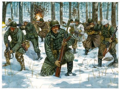 Toinen maailmansota: Amerikkalaisen jalkaväen hyökkäys Ardennien taistelussa Bastognessa, joulukuu 1944 - Toinen maailmansota: amerikkalaisen hyökkäyksen aikana Battle of the Bulge, joulukuu 1944 - Kuvitus: Giuseppe Rava tekijältä Giuseppe Rava