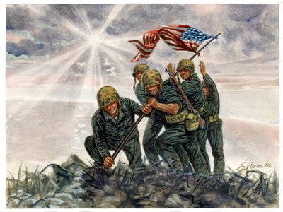 Toinen maailmansota, Tyynenmeren sota: Iwo Jiman taistelu, Yhdysvaltain merijalkaväen voitto helmikuussa 1945 - WWII, Tyynenmeren sota: Iwo Jiman taistelu (operaatio Detachment), Yhdysvaltain merijalkaväen sotilaat nostavat Amerikan lipun, helmikuu 1945, J tekijältä Giuseppe Rava