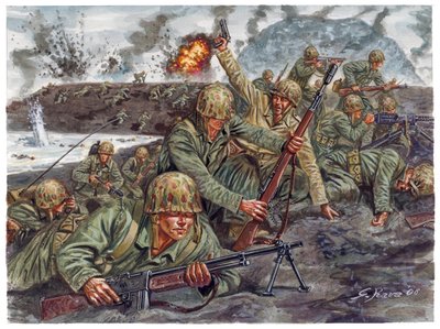 Toinen maailmansota, Tyynenmeren sota: Merijalkaväen amfibiojoukkojen maihinnousu 19.2.1945 Iwo Jiman taistelussa Japanissa - WWII, Tyynenmeren sota: Iwo Jiman taistelu (operaatio Detachment), Yhdysvaltain merijalkaväen amfibio-joukkojen maihinnousu 19. he tekijältä Giuseppe Rava