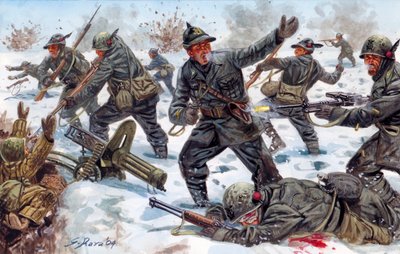 Toinen maailmansota, Venäjän rintama: WWII, Venäjän rintama: italialaiset alppimetsästäjät Venäjällä tammikuussa 1943 - Kuvitus: Giuseppe Rava tekijältä Giuseppe Rava