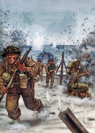 Toinen maailmansota: Skotlantilaisia sotilaita Normandian maihinnousun aikana 6/06/1944 - WWII, D day: Skotlantilaiset sotilaat maihinnousupäivänä Normandiassa 6. kesäkuuta 1944 - Kuvitus: Giuseppe Rava tekijältä Giuseppe Rava