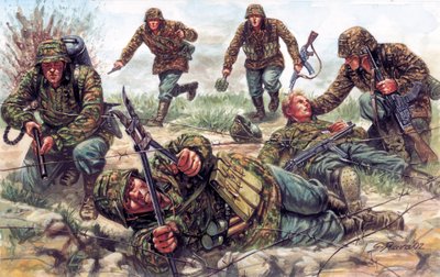 Toinen maailmansota: Saksan keisarillisen armeijan eliittiyksikön Sturmtruppenin sotilaita, yksi heistä leikkaa piikkilankaa. tekijältä Giuseppe Rava