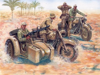 Toinen maailmansota: Deutsches Afrikakorps (DAK Afrika Korps)) liikkuu Libyan autiomaassa sivuvaunuilla BMW:llä. tekijältä Giuseppe Rava
