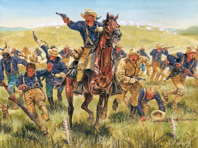 Espanjan ja Pohjois-Amerikan välinen espanjan-amerikkalainen sota tai Kuuban itsenäisyyssota (1868-1898): muotokuva amerikkalaisesta sotilaasta ja poliitikosta Theodore Rooseveltista (1858-1919), joka hyökkää Rough riders -joukkojensa kanssa Kuubassa - esp tekijältä Giuseppe Rava