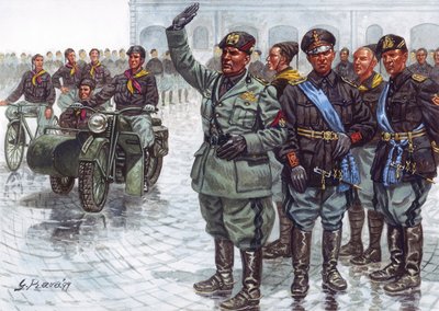 Duce Benito Mussolini (1883-1945) mustien paitojensa (Camicie nere) saattelemana fasistitervehdyksessä sotilasparaatissa - Benito Mussolini ja mustapaidat sotilasparaatissa - Kuvitus: Giuseppe Rava tekijältä Giuseppe Rava
