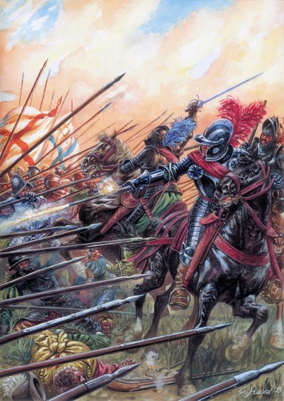 Uskonsodat: Ivryn taistelussa 14.3.1590 kuninkaallinen armeija voitti katolisen liiton - Ivryn taistelua vietettiin 14. maaliskuuta 1590 Ranskan uskonsotien aikana - Kuvitus: Giuseppe Rava tekijältä Giuseppe Rava