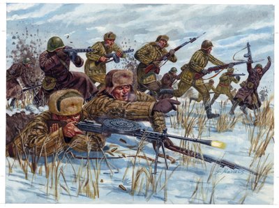 Toinen maailmansota: WWII: Venäläiset jalkaväen sotilaat etenevät taistelukentällä - WWII: Venäläiset jalkaväen sotilaat etenevät taistelukentällä - Kuvitus: Giuseppe Rava tekijältä Giuseppe Rava