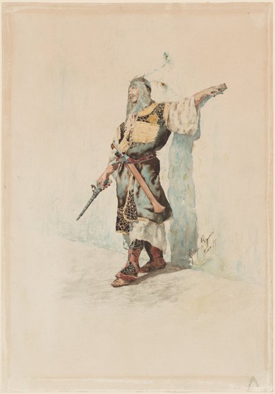 Maurilainen sotilas auringon valaiseman muurin edessä tekijältä Giuseppe Signorini