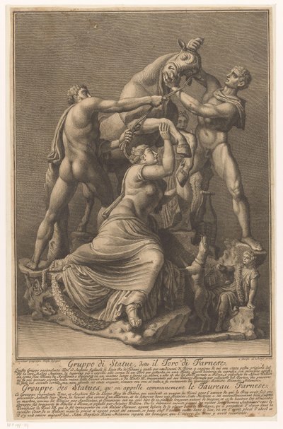 Dirce wordt aan een stier gebonden Farnese Stier Patsasryhmä, nimeltään Farnese Bull / Grouppe des Statues, qu 