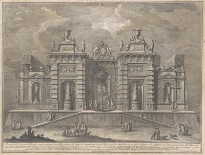 Seconda Macchina Chinealle vuodelta 1774: Villa, jossa on muinaisia monumentteja ja "Giostra"-peli tekijältä Giuseppe Vasi, after Giuseppe Palazzi, after Paolo Posi