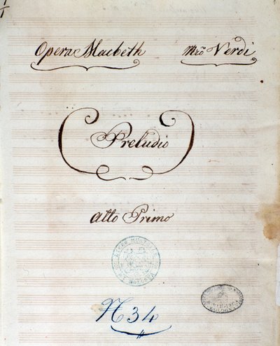 Giuseppe Verdin Macbeth-oopperan alkuperäisen partituurin ensimmäinen sivu tekijältä Giuseppe Verdi