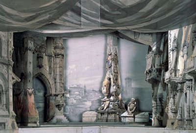 Valladolidin katedraalin edessä oleva aukio, III näytös, kohtaus IV, Charles Camponin lavastus Giuseppe Verdin (1813-1901) Don Carlosille, esitys Pariisissa, Salle Le Peletier -oopperatalo, 11. maaliskuuta tekijältä Giuseppe Verdi