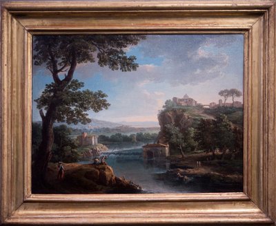 Jokinäkymä kalastajan kanssa (öljy kankaalle) tekijältä Giuseppe Zais