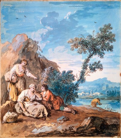 Kolme talonpoikaa lepäämässä joen rannalla, c1750. tekijältä Giuseppe Zais