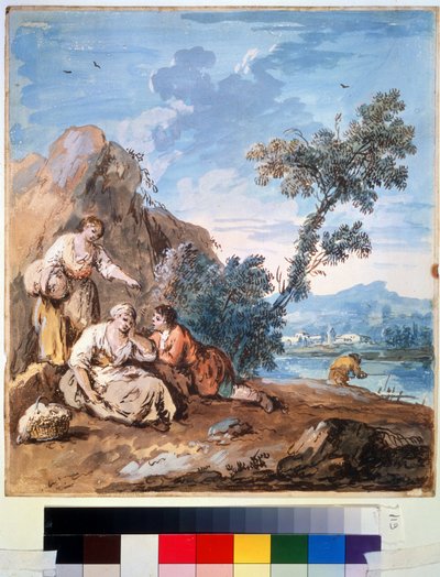 Kolme talonpoikaa lepäämässä joen rannalla. Giuseppe Zaisin (1709-1784) maalaus. Akvarelli paperille, 29,5 x 26,2 cm, noin 1750. Venetsialainen koulukunta, italialainen maalaus 1700-luku. Pushkinin taidemuseo, tekijältä Giuseppe Zais