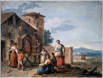 Ryhmä talonpoikia tabernaakkelin edessä seisovan Madonna-patsaan kanssa. Piirustus Giuseppe Zais (1709-1784). Tempera ja seepia paperille, 30,2 x 38 cm, noin 1750. Venetsialainen koulu tekijältä Giuseppe Zais