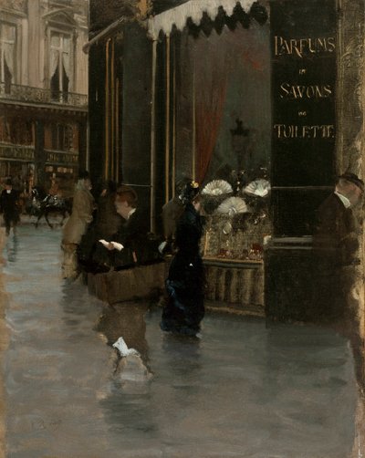 Violet-hajuvesi, Boulevard des Capucinesin ja rue Scriben kulmassa, n. 1880. tekijältä Giuseppe de Nittis