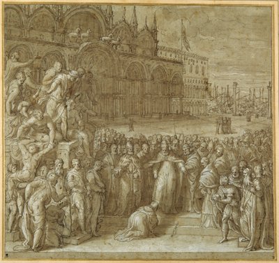 Paavi Aleksanteri III:n ja Frederick Barbarossan välinen sovinto Doge Sebastiano Zianin läsnä ollessa (kynä ja ruskea muste ruskealla pesulla ja korosteella) tekijältä Giuseppe della Porta Salviati