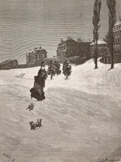 On kylmä!, nainen kävelee lumessa, kaiverrus Giuseppe De Nittisin maalauksesta, piirustus Montefusco, L
