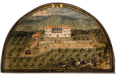 Villa "" La Peggio "", kirjoittanut Giusto Utens (1500-luku). Miehet pelaamassa palloa. Firenzen museo sellaisena kuin se oli. Firenze. tekijältä Giusto Utens