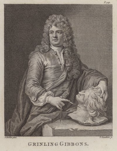 Grinling Gibbons, englantilainen puunveistäjä ja kuvanveistäjä (kaiverrus) tekijältä Godfrey (after) Kneller